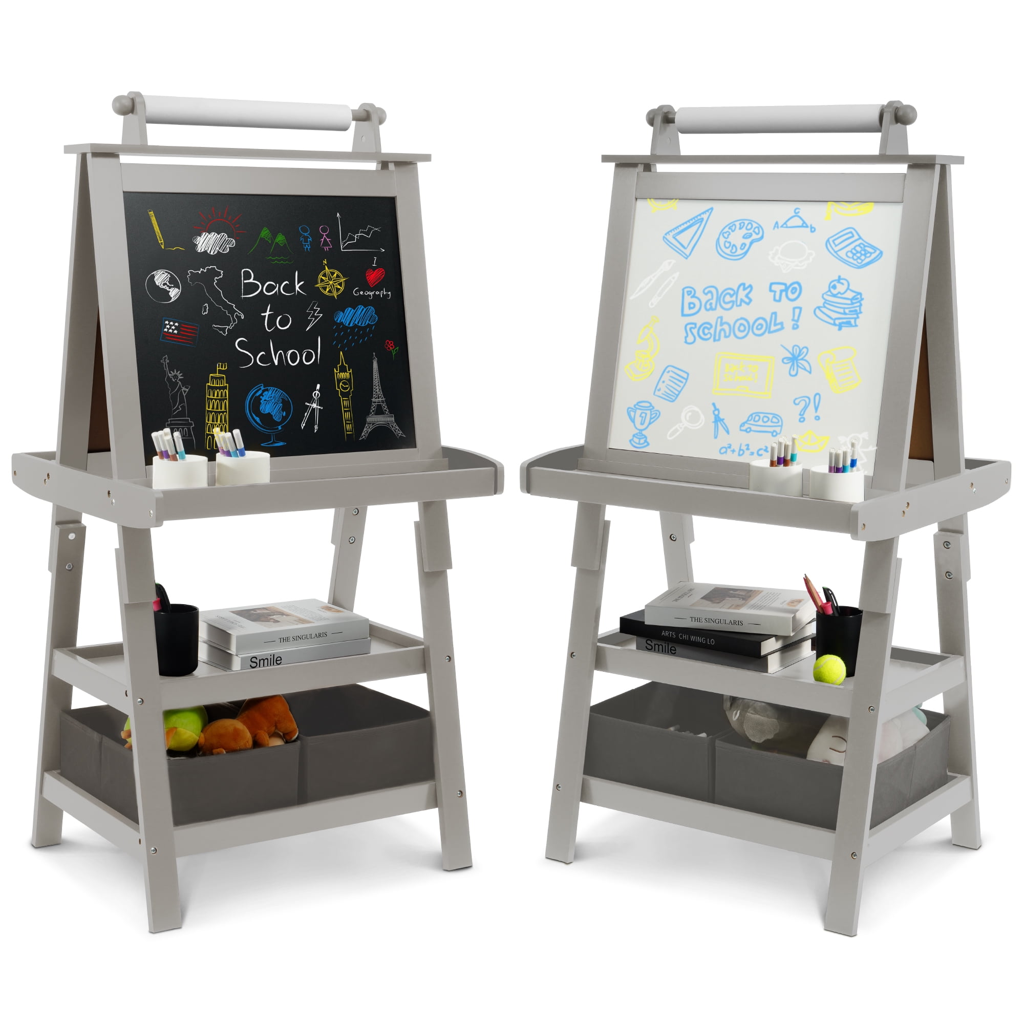 Signature Fitness 3-in-1 Kids Art Easel，Double-Sided Wooden Easel，with Chalkboard, Whiteboard, Paper Roll, 2-Tier Rack & 2 Storage Boxes