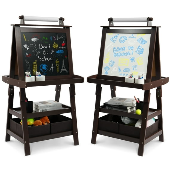 Signature Fitness 3-in-1 Kids Art Easel,Double-Sided Wooden Easel,with Chalkboard, Whiteboard, Paper Roll, 2-Tier Rack & 2 Storage Boxes