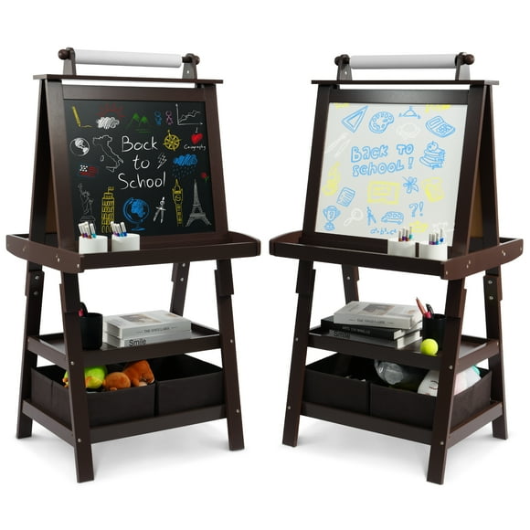 Signature Fitness 3-in-1 Kids Art Easel,Double-Sided Wooden Easel,with Chalkboard, Whiteboard, Paper Roll, 2-Tier Rack & 2 Storage Boxes