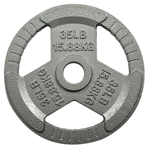 Signature Fitness 35LB Cast Iron Olympic Weight Plate, Single Plate, 2-Inch Center Hole, 3-Grip Design, Light Gray with Raised Lettering