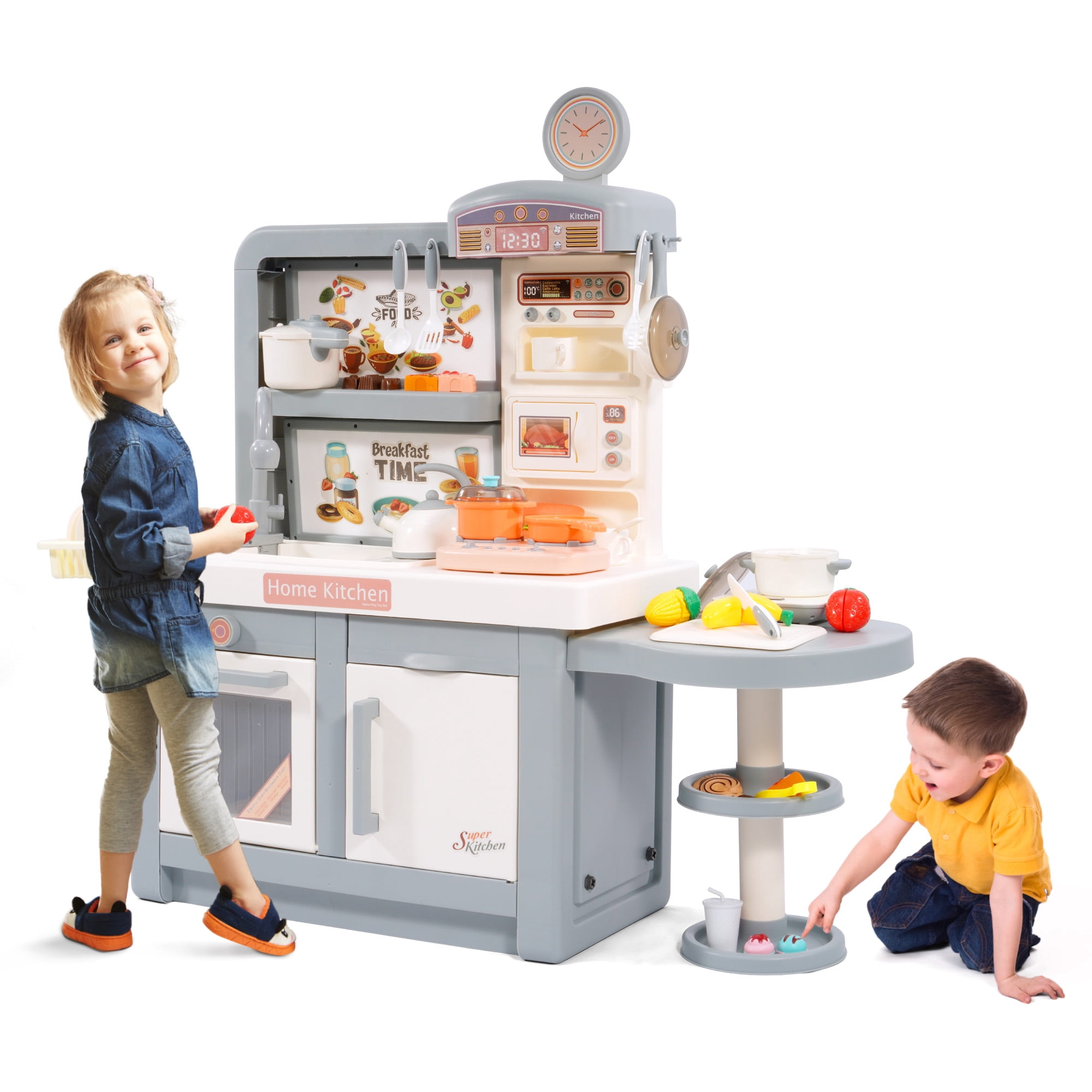 Signature Fitness 49-Piece Toddler Kitchen Playset，Pretend Food，with Stove, Sink, and Accessories, Interactive Lights & Sounds, Ideal for Ages 3+