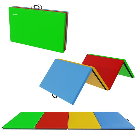 Signature Fitness 4ft x 10ft x 3in Folding Gymnastics Mat, 4-Panel Extra Thick Exercise Mat with Handles, PVC Leather + EPE Foam, Multiple Colors