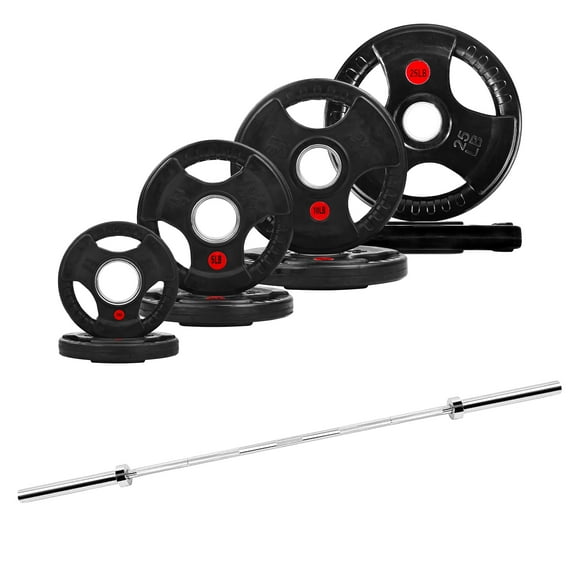 Signature Fitness 85LB Olympic Barbell Set – Includes Rubber 3-Hole and Cast Iron 2-Hole Plates, 2-Inch, 5FT Bar
