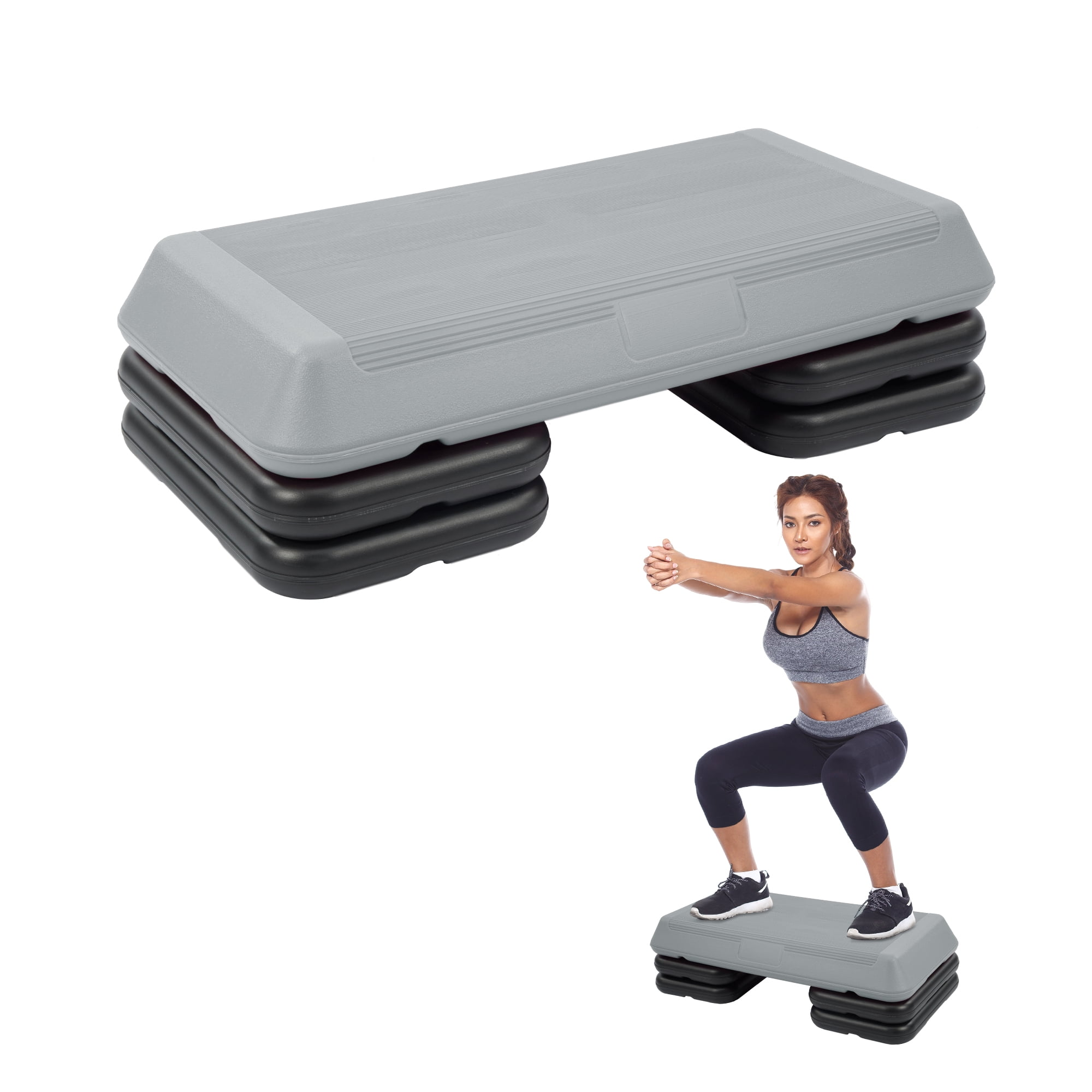 Signature Fitness Adjustable Aerobic Step Platform with 4 Risers, Non-Slip Stepper for Home Gym Workouts – 16", 28", 43", Pink/Blue/Gray