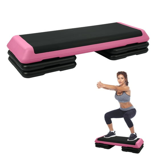 Signature Fitness Adjustable Aerobic Step Platform with 4 Risers, Non-Slip Stepper for Home Gym Workouts – 16", 28", 43", Pink/Blue/Gray