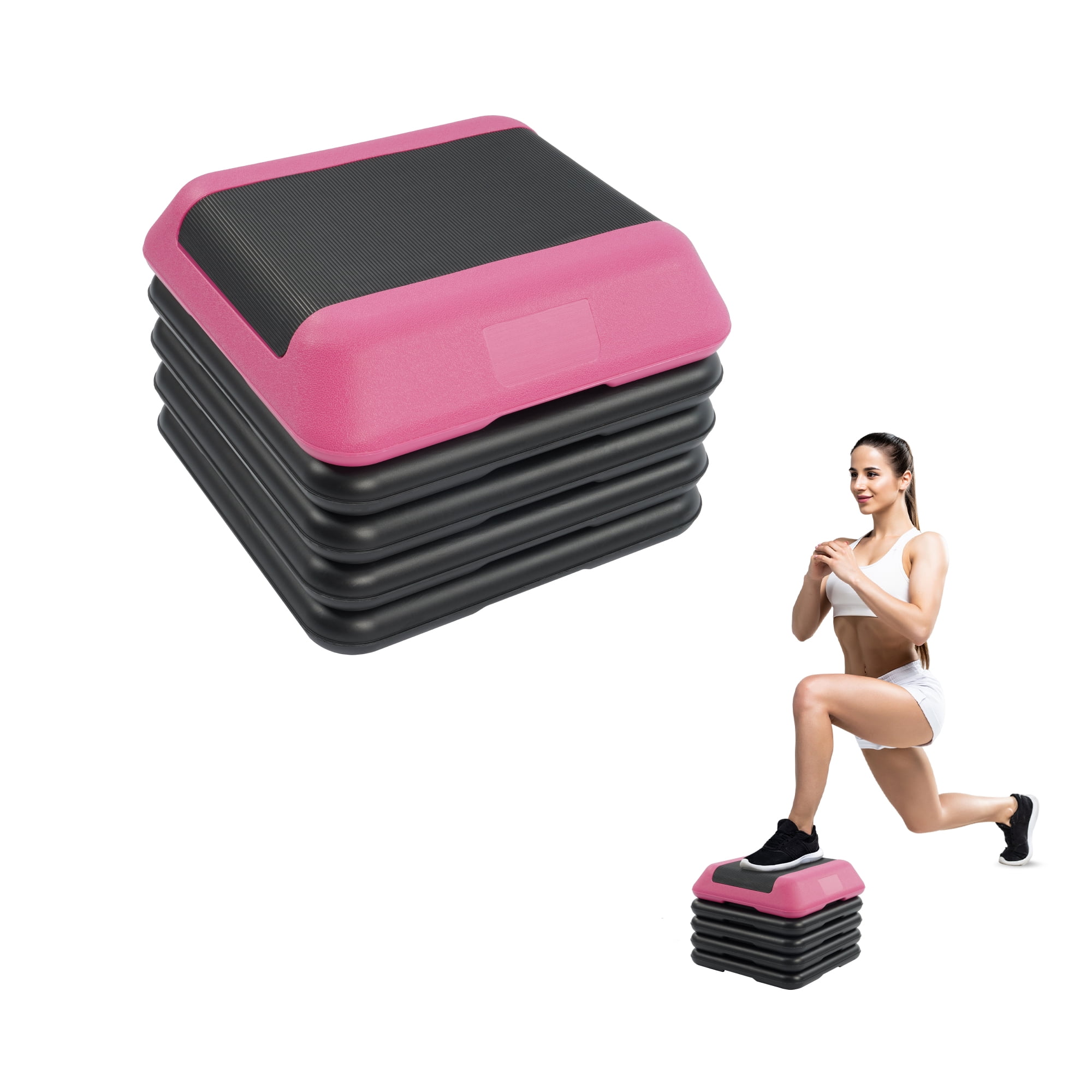 Signature Fitness Adjustable Aerobic Step Platform with 4 Risers, Non-Slip Stepper for Home Gym Workouts – 16", 28", 43", Pink/Blue/Gray