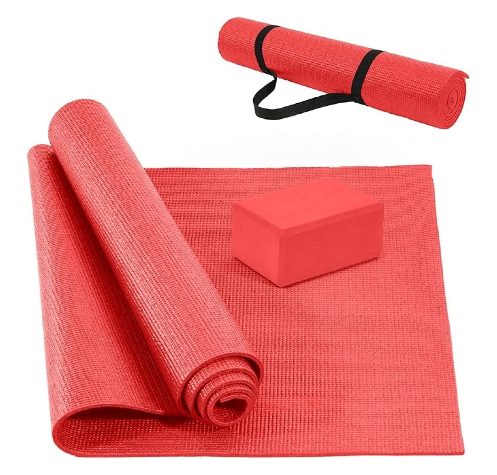 Signature Fitness All Purpose 0.25 Inch Thick High Density No Tear Exercise Yoga Mat with Strap & Lightweight Features for Indoor & Outdoor Use, Red