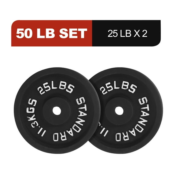 Signature Fitness Cast Iron Weight Plates, 1-Inch Hole, 2-Pack or 4-Pack Options (2.5LB–45LB), Black with Silver Numbers, for Standard Barbells, Dumbbells & Home Gym Strength Training