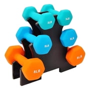 Signature Fitness Neoprene Coated Dumbbell Set with Stand 3lbs, 5lbs, 8lbs Set, Multicolor