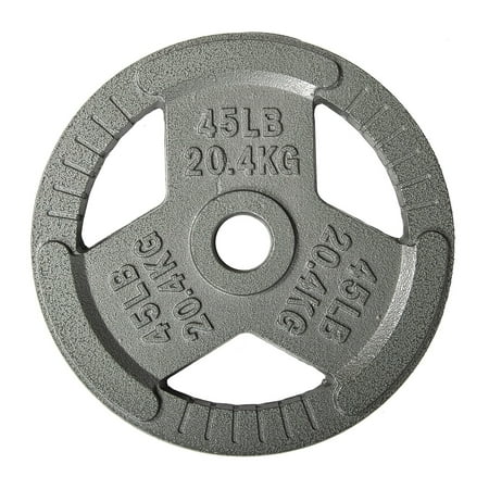 Signature Fitness Olympic Cast Iron Weight Plate, 45LB Single Plate, 2IN Center Hole, Tri-Grip Design, Light Gray with Gray Lettering