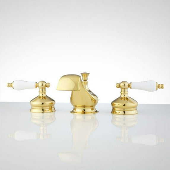 Shannon Widespread Bathroom Faucet - Porcelain Lever Handles - Polished Brass