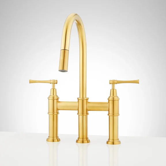 Signature Hardware 455767 Hurston 1.8 GPM Double Handle Bridge Widespread Pull-Down Kitchen Faucet, Brushed Gold