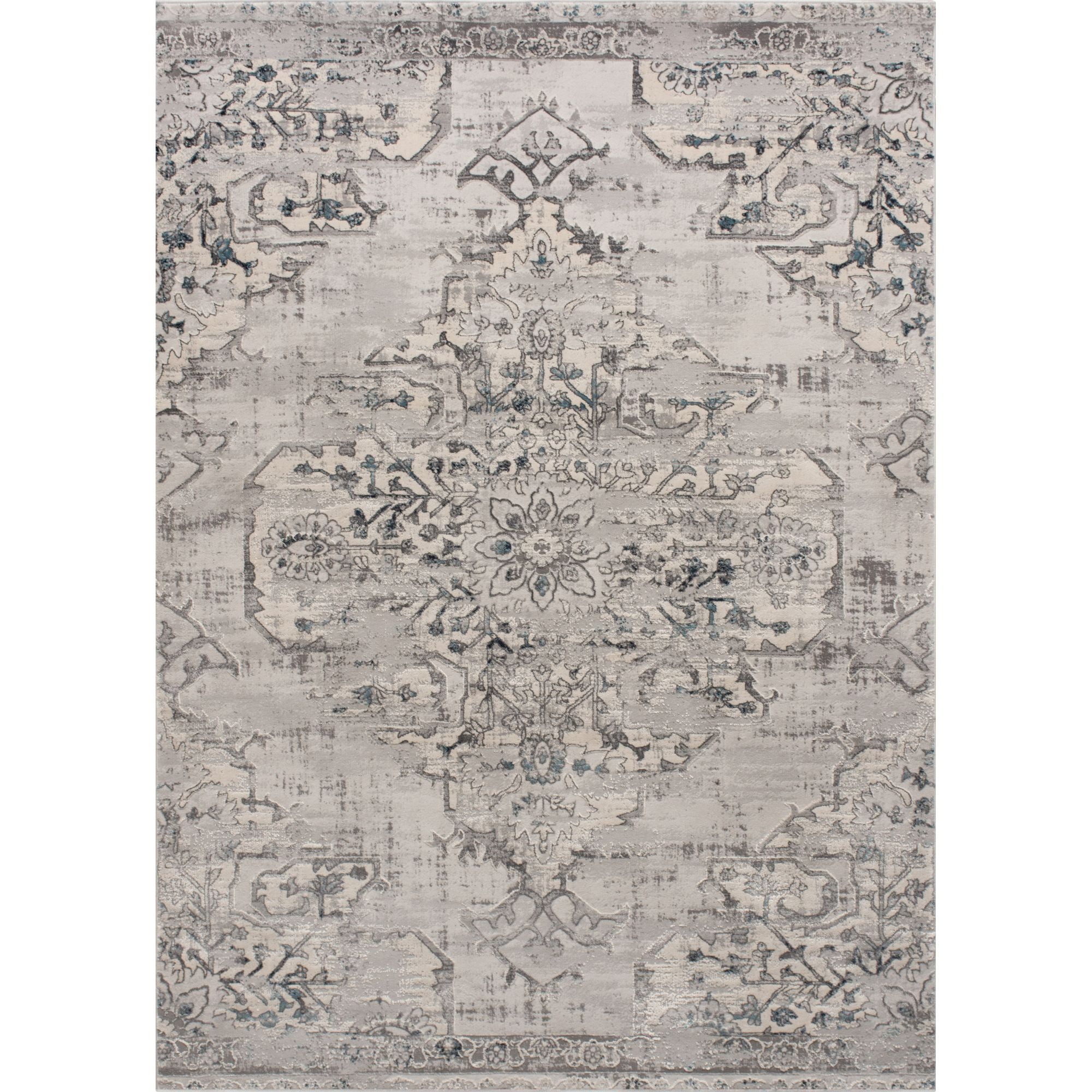 Gray and Blue Floral Rectangular 5' x 7' Synthetic Area Rug