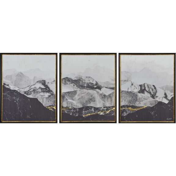 Signature Home Collection Set of 3 Black and Gold Mountain Range Framed Rectangular Wall Arts 21.5"