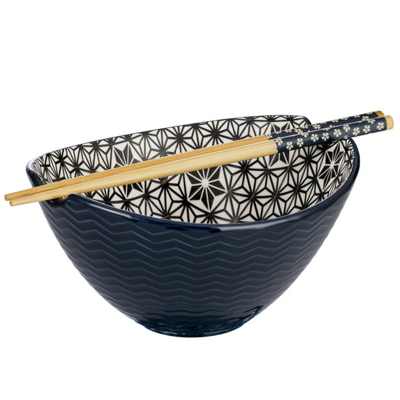 Signature Housewares Pad Print Blue/Black Ceramic Oval Noodle Bowl with Chopsticks