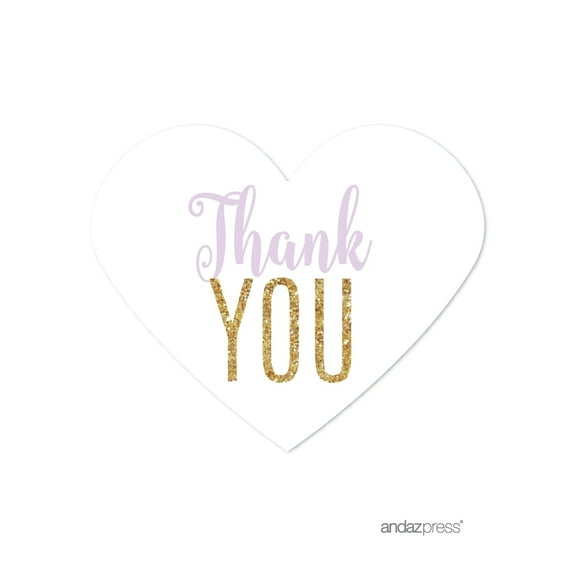 Signature Lavender, White, Gold Glittering Party, Heart Labels Stickers, Thank You!, 75-Pack