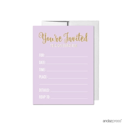 Koyal Wholesale Signature Lavender White Gold Glitter Party Paper Invitations, Blank Cards with Envelopes, 20-Pack