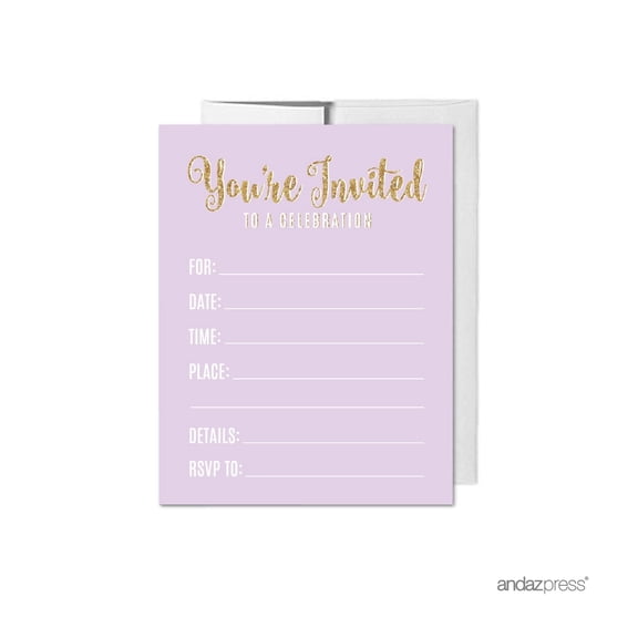 Koyal Wholesale Signature Lavender White Gold Glitter Party Paper Invitations, Blank Cards with Envelopes, 20-Pack