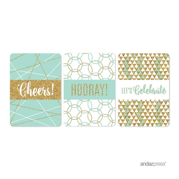 Signature Light Aqua, White, Gold Glittering Party, Mini Chocolates Stickers, Cheers! Hooray! Let's Celebrate, 36-Pack
