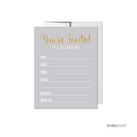 Koyal Wholesale Signature Light Gray White Gold Glitter Party Paper Invitations, Blank Cards with Envelopes, 20-Pack