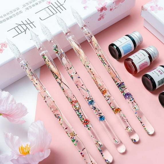 Signature Pen Dried Flower Design Strong Ink Absorption Lightweight Vintage Glass Pen Set Birthday Gift Beige Glass