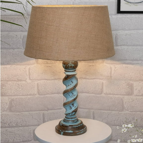 Signature Rustic Rope Distress Blue Table Lamp With Jute Drum Shade, farmhouse Living Room Bedroom House Bedside Nightstand Home Office Reading Light,