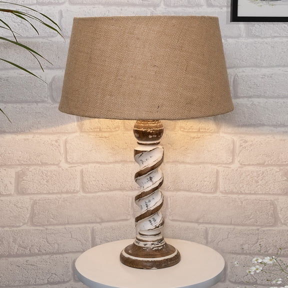 Signature Rustic Rope Whitewash Table Lamp With Jute Drum Shade, farmhouse Living Room Bedroom House Bedside Nightstand Home Office Reading Light,