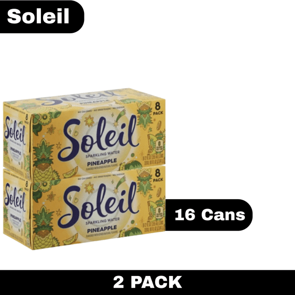 Signature SELECT Soleil Pineapple Flavor Sparkling Water, Pack of 2, 16 Cans Total, 12 fl oz Cans, Zero Calories