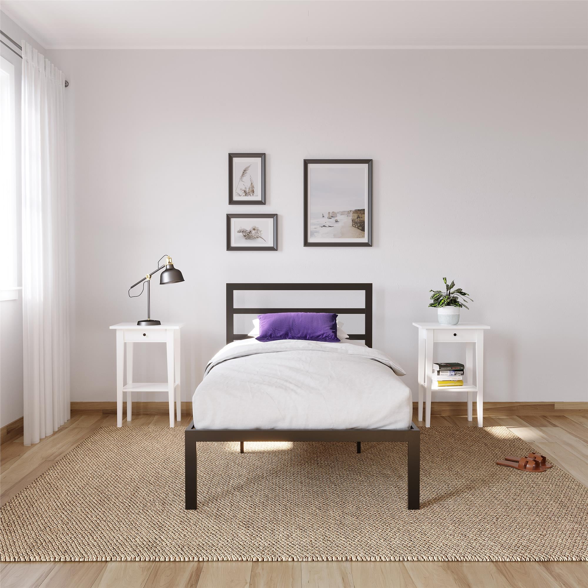 Twin Black Metal Platform Bed with Headboard and Slats