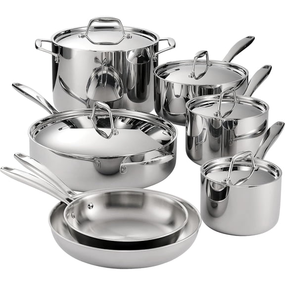Signature Tri-Ply Clad Stainless Steel 12-Piece Cookware Set with Lids, Pots and Pans Kitchen Set, Induction-Ready, Dishwasher-Safe, NSF-Certified, Made in Brazil