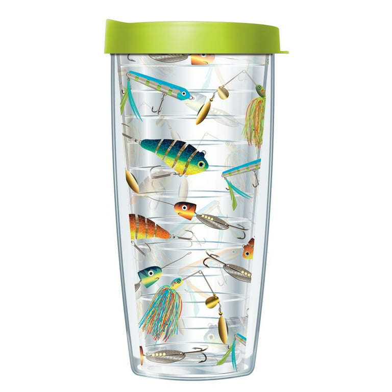 Signature Tumblers Fishing Lure Wrap on Clear 16 Ounce Double-Walled Travel  Tumbler Mug with Lime Green Easy Sip Lid 