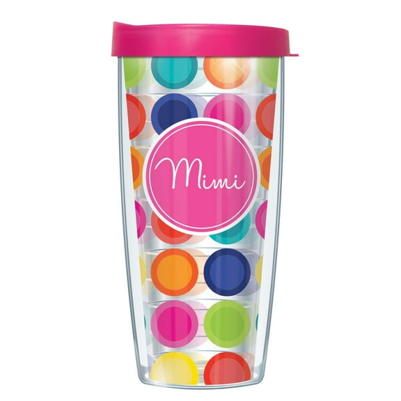 Signature Tumblers Mimi Hot Pink Insignia Wrap on Happy Circles 16 Ounce Double-Walled Travel Tumbler Mug with Hot Pink Easy Sip Lid