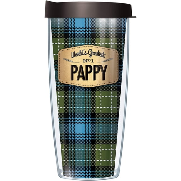 Signature Tumblers World's Greatest No. 1 Pappy Wrap on Blue Flannel 16 Ounce Double-Walled Travel Tumbler Mug with Black Easy Sip Lid