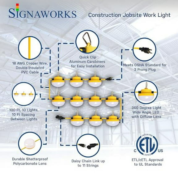 Signaworks 3 Prong 100ft 10 Light LED Construction String Lights 100W 10000LM Ultra Bright Temporary Jobsite Outdoor Work Light & Carabiner Clips ETL Certified 3 Prong Meets OSHA G