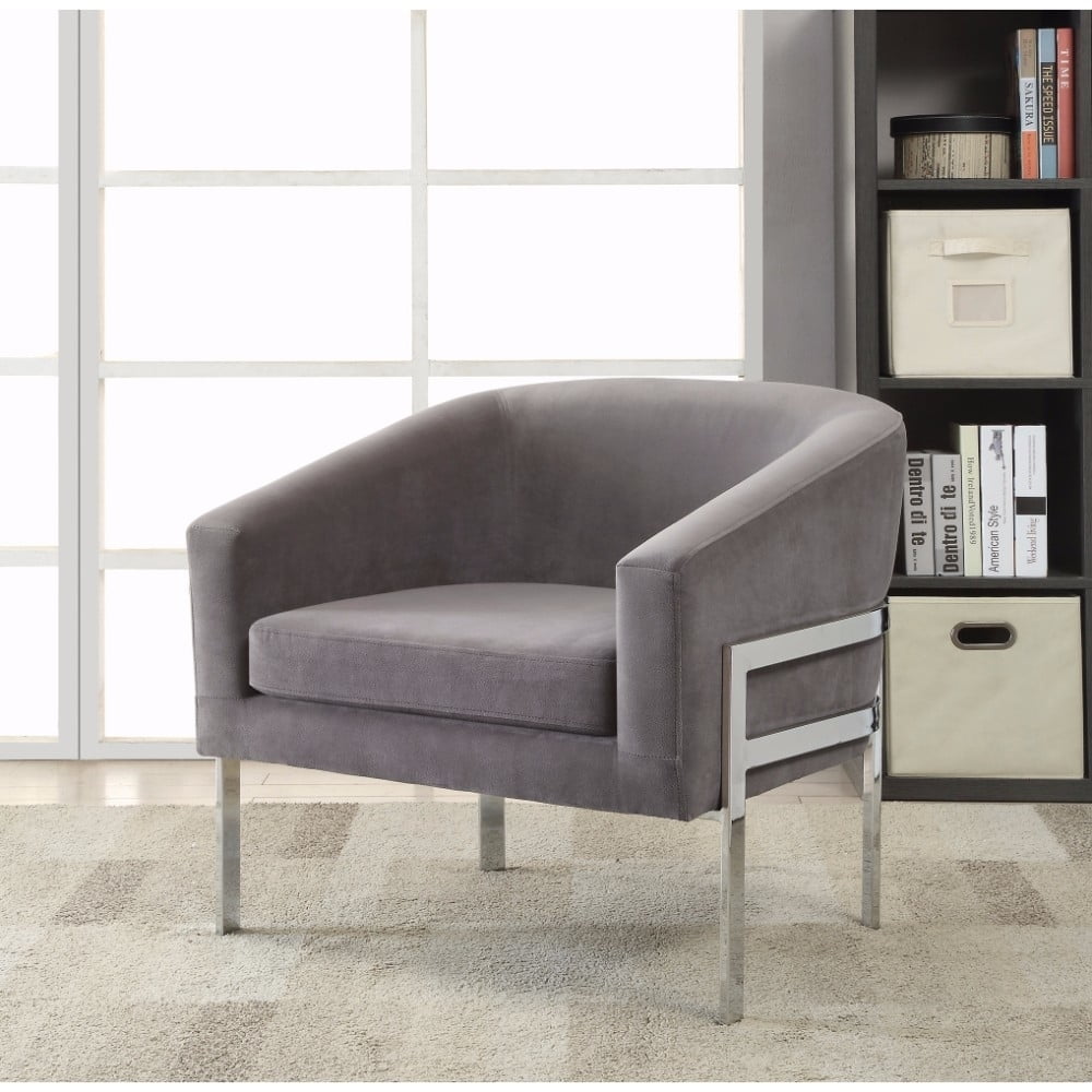 Gray Velvet Barrel Accent Chair with Metal Base