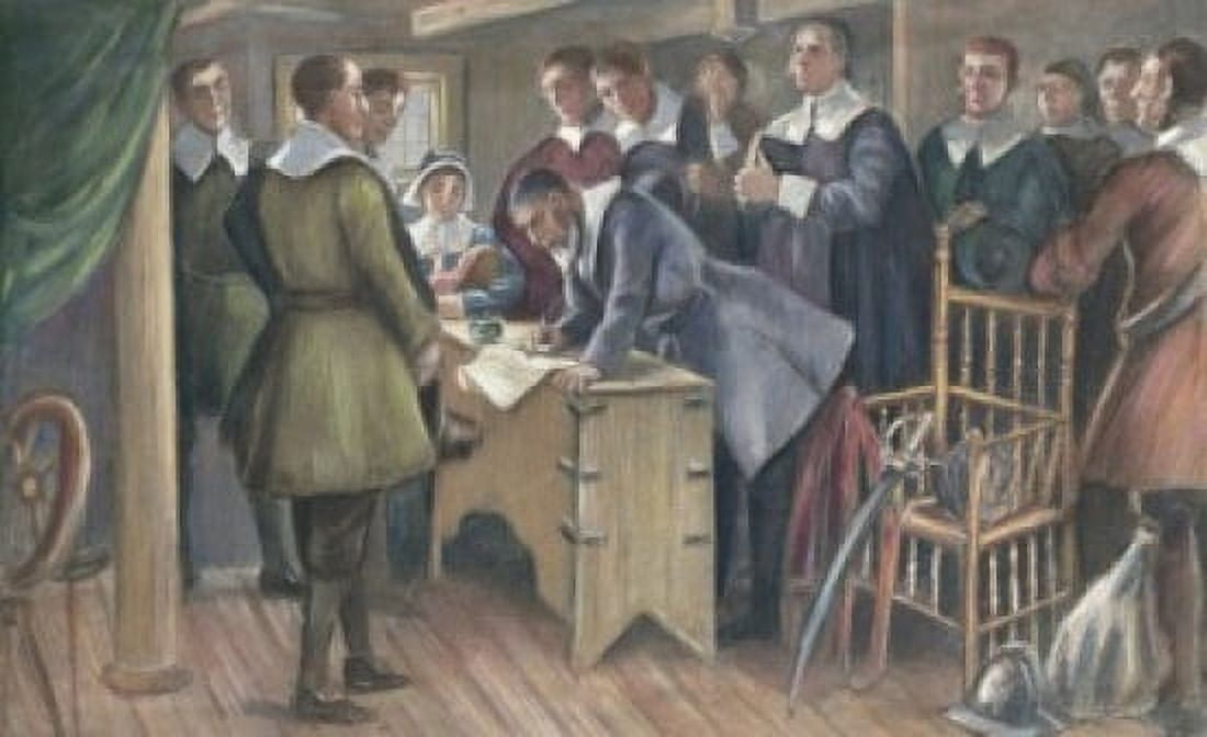 Signing The Compact On The Mayflower Cpyrt 1895 J Steeple Davis (1844-1917 American) Canvas Art - Steeple Davis (18 x 24)