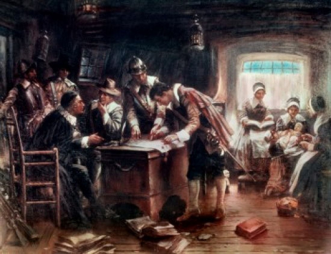 Signing of the Mayflower Compact Edward Percy Moran (1862-1935 American) Canvas Art - Edward Percy Moran (18 x 24)