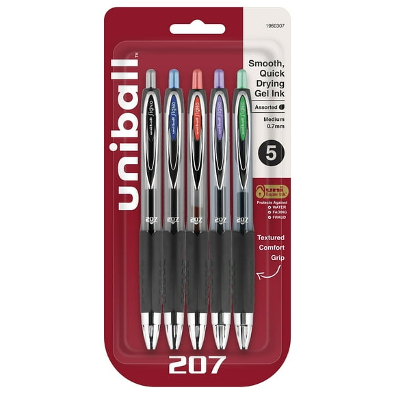 Signo 207 Gel Pen, Retractable, Medium 0.7 mm, Assorted Ink and Barrel Colors, 5/Pack