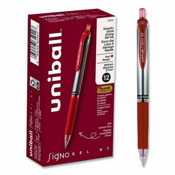 Signo Gel Pen, Retractable, Medium 0.7 mm, Red Ink, Silver/Red Barrel, Dozen | Bundle of 2