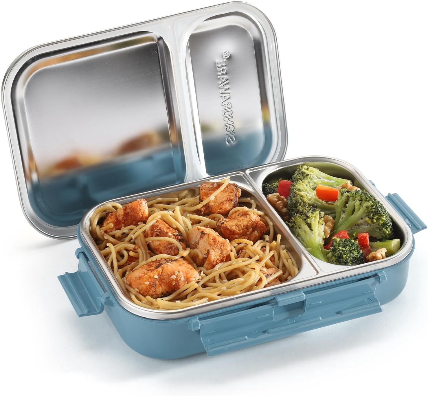 SIGNORA WARE Stainless Steel Bento Box 34 oz Leakproof 2 Compartments Lunch Box – Aqua Blue