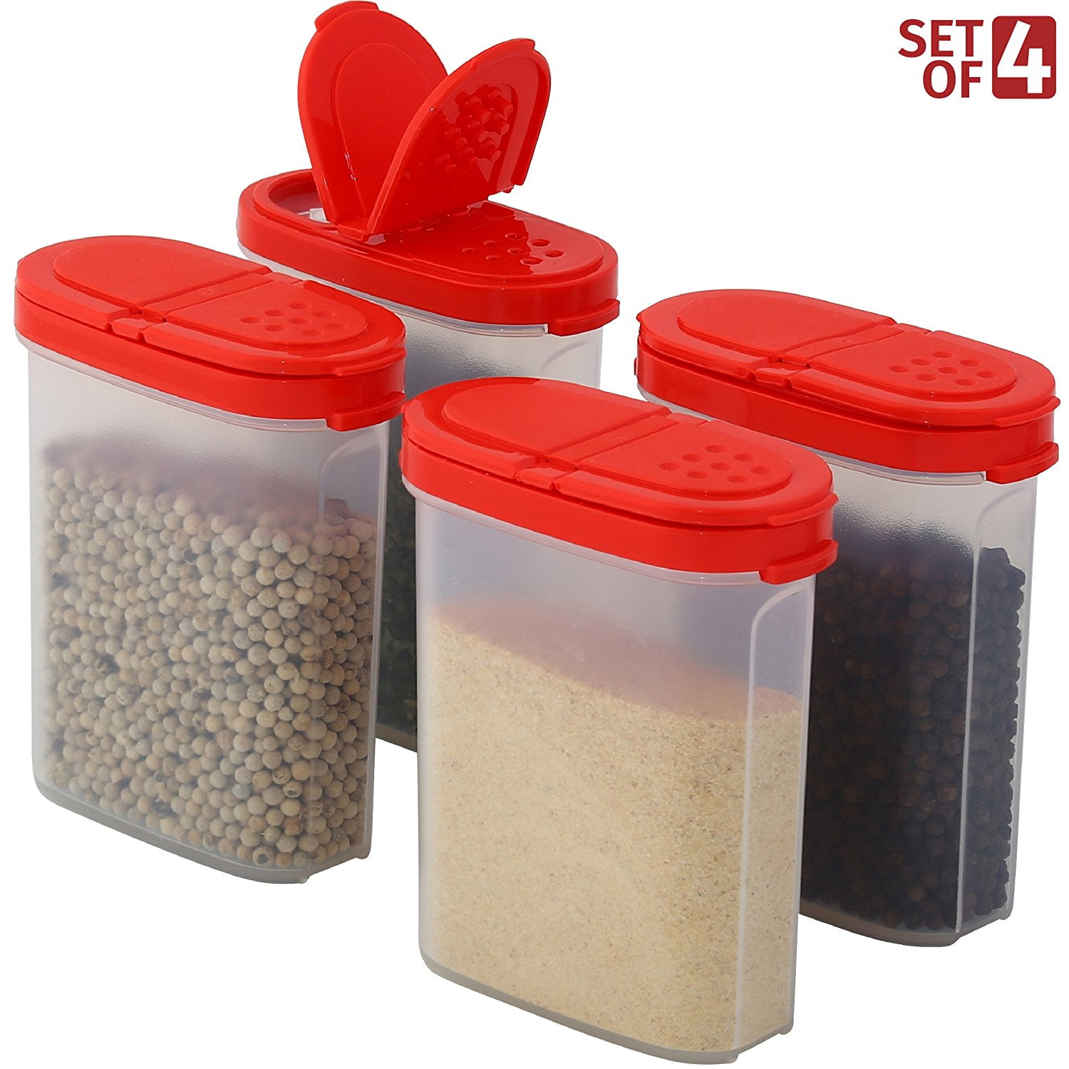 Upper Midland Products 4 Pack 32 Oz Large Spice Seasoning Shaker Containers  Jars Plastic With Red Dual Flip Top Sided Lid, 4 Long Spoons And Labels