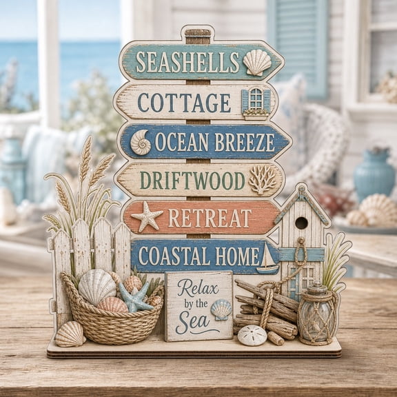 Signpost Wooden Block Decor Summer Seaside Wooden Tabletop Display for Coastal Cottage Homes