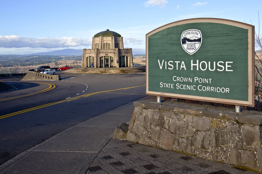 Signpost at Vista House Crown Point Multnomah County Oregon USA Canvas Art - Panoramic Images (9 x 27)
