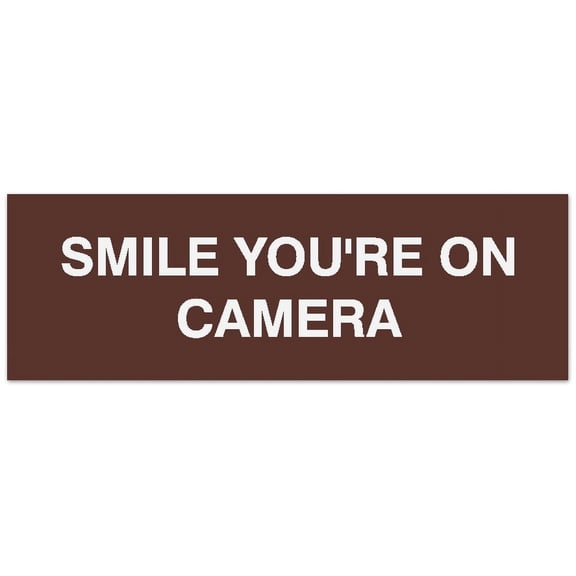 Signs ByLITA Basic Smile you're on camera Sign - Laser-Engraved Lettering | Durable ABS Plastic | Vibrant Colors | Powerful Foam Tape (Dark Brown) - Small