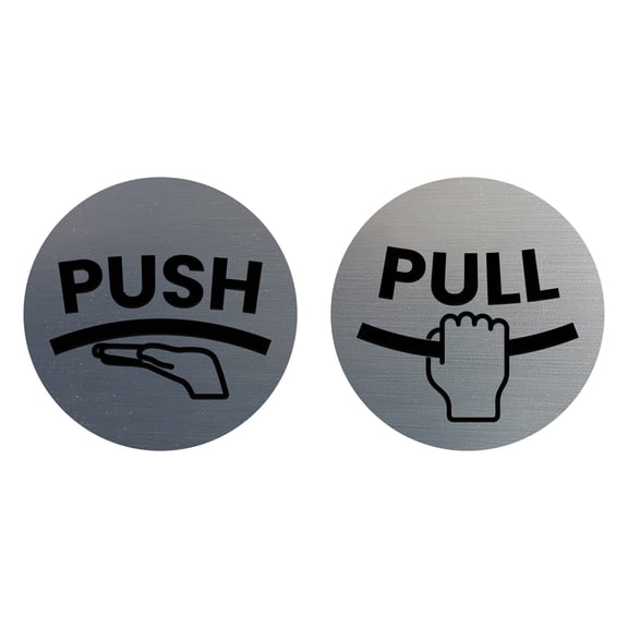 Signs ByLITA Circle Push and Pull Door Signs (Hands Vectors) Door Sign (Brushed Silver) - Small