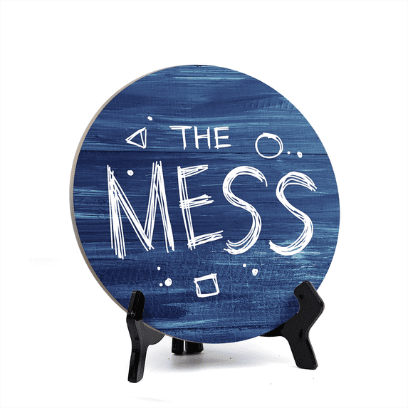 Signs ByLITA Circle Round THE MESS Table Sign Blue Wood (5x5")