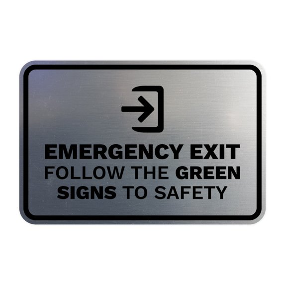 Signs ByLITA Classic Framed Emergency Exit Follow the Green Signs to Safety Sign (Brushed Silver) - Large