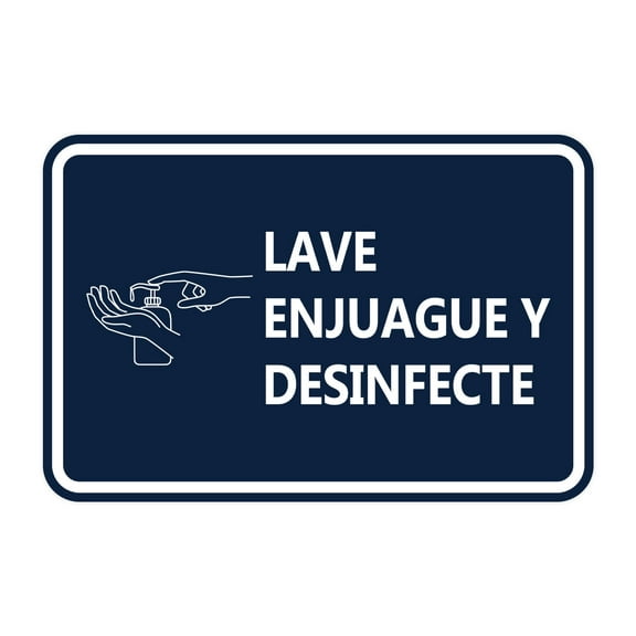 Signs ByLITA Classic Framed Lave Enjuague Y Desinfecte Durable ABS Plastic | Laser Engraved | Easy Installation | Elegant Design Sign (Navy Blue / White) - Large