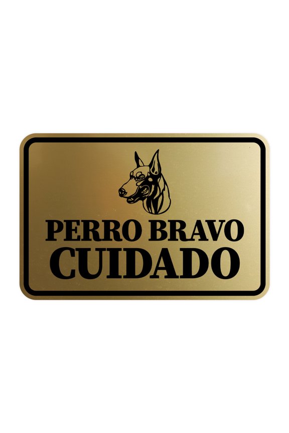 Classic Framed Perro Bravo Cuidado Graphic Spanish Security Sign (Brushed Gold) - Small