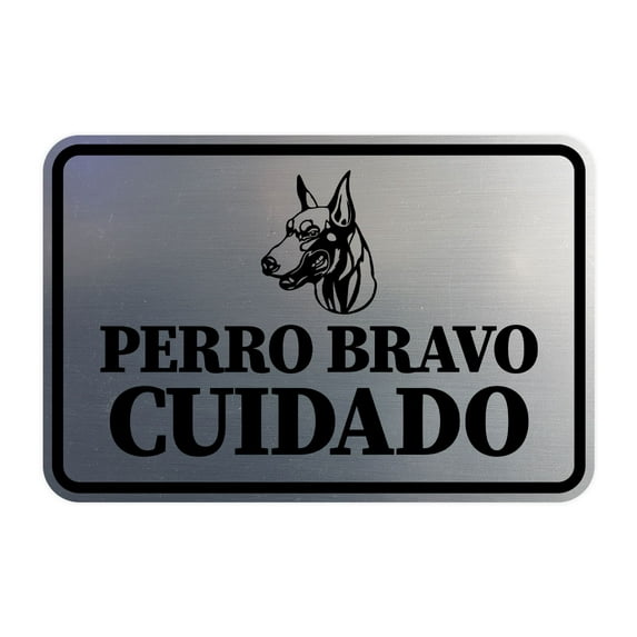 Signs ByLITA Classic Framed Perro Bravo Cuidado Graphic Spanish Security Sign (Brushed Silver) - Small